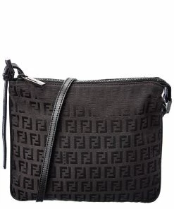 FENDI Black Zucchino-Print Canvas Flat Messenger Bag (Authentic Pre-Owned) Women Shoulder Bags
