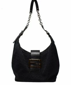 FENDI Black Zucchino-Print Canvas Chain Hobo Bag (Authentic Pre-Owned) Women Shoulder Bags