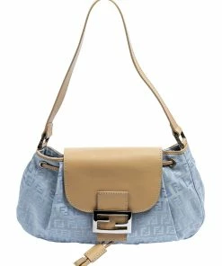 FENDI Light Blue Zucchino-Print Canvas Flap Bag (Authentic Pre-Owned) Women Shoulder Bags