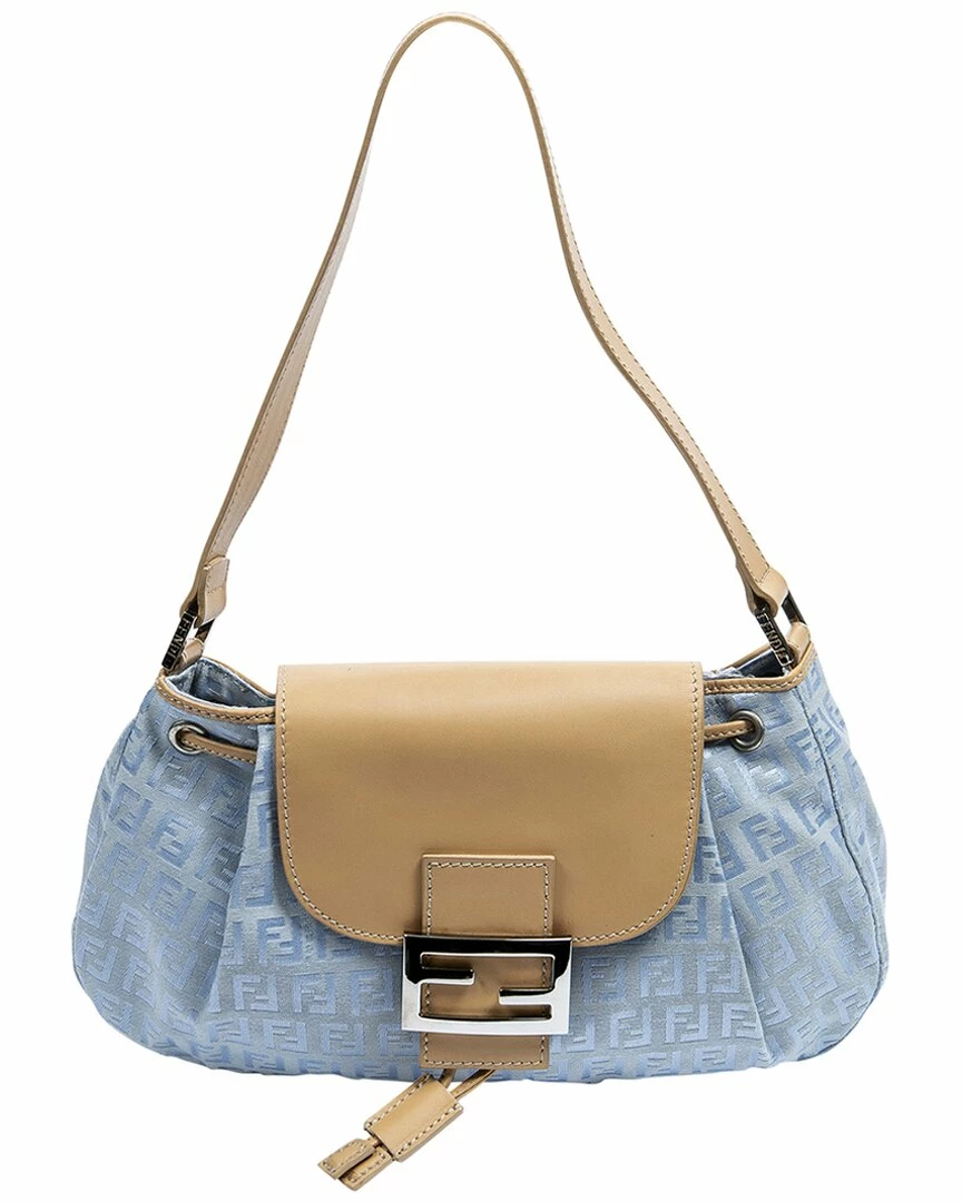 FENDI Light Blue Zucchino-Print Canvas Flap Bag (Authentic Pre-Owned) Women Shoulder Bags 3 FENDI Light Blue Zucchino-Print Canvas Flap Bag (Authentic Pre-Owned) Women Shoulder Bags