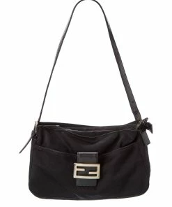 FENDI Black Canvas Mamma Baguette (Authentic Pre-Owned) Women Shoulder Bags
