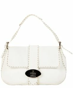 FENDI White Selleria Leather Logo Plate Shoulder Bag (Authentic Pre-Owned) Women Shoulder Bags
