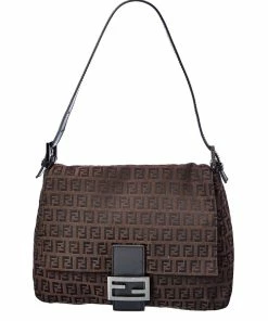FENDI Brown Zucchino-Print Canvas Mamma Baguette (Authentic Pre-Owned) Women Shoulder Bags