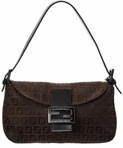 FENDI Brown Zucchino-Print Canvas Baguette Shoulder Bag (Authentic Pre-Owned) Women Shoulder Bags