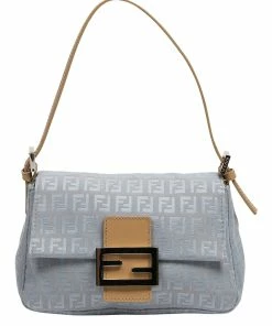 FENDI Light Blue Zucchino-Print Canvas Mini Mama Baguette (Authentic Pre- Owned) Women Shoulder Bags