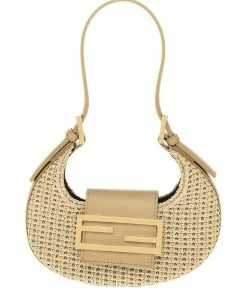 FENDI Cookie Mini Raffia & Leather Hobo Bag Women Shoulder Bags