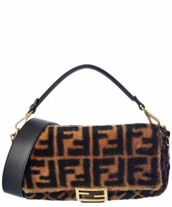 FENDI Baguette Medium FF Motif Shearling Shoulder Bag Women Shoulder Bags