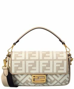 FENDI Baguette FF Canvas & Leather Shoulder Bag Women Shoulder Bags