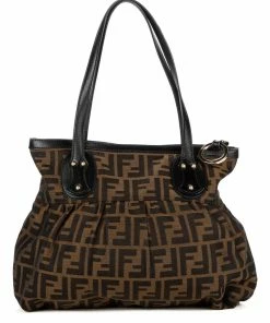 FENDI Brown Zucca-Print Canvas Zucca Ruffled Tote (Authentic Pre-Owned) Women Totes
