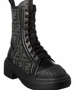 FENDI Domino FF Jacquard & Leather Biker Boot Women Boots
