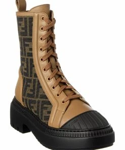 FENDI Domino FF Jacquard & Leather Biker Boots Women