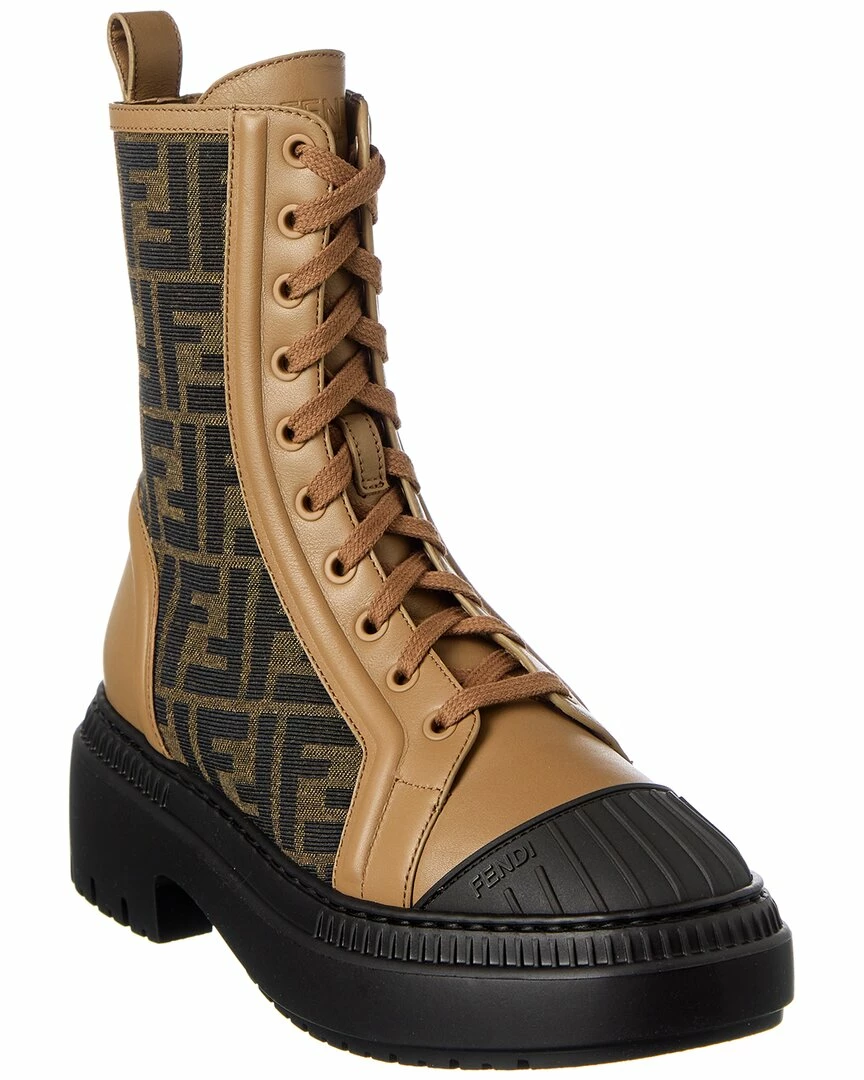 FENDI Domino FF Jacquard & Leather Biker Boots Women 3 FENDI Domino FF Jacquard & Leather Biker Boots Women